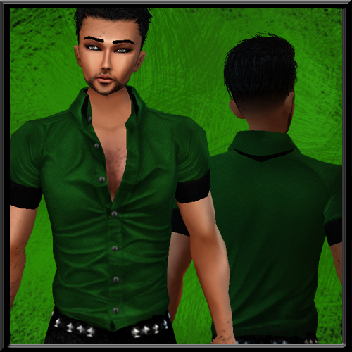 A bright green top slightly buttoned down.  Also available in purple and red