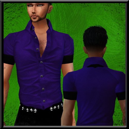 A bright purple and blue top slightly buttoned down.  Also available in red and green