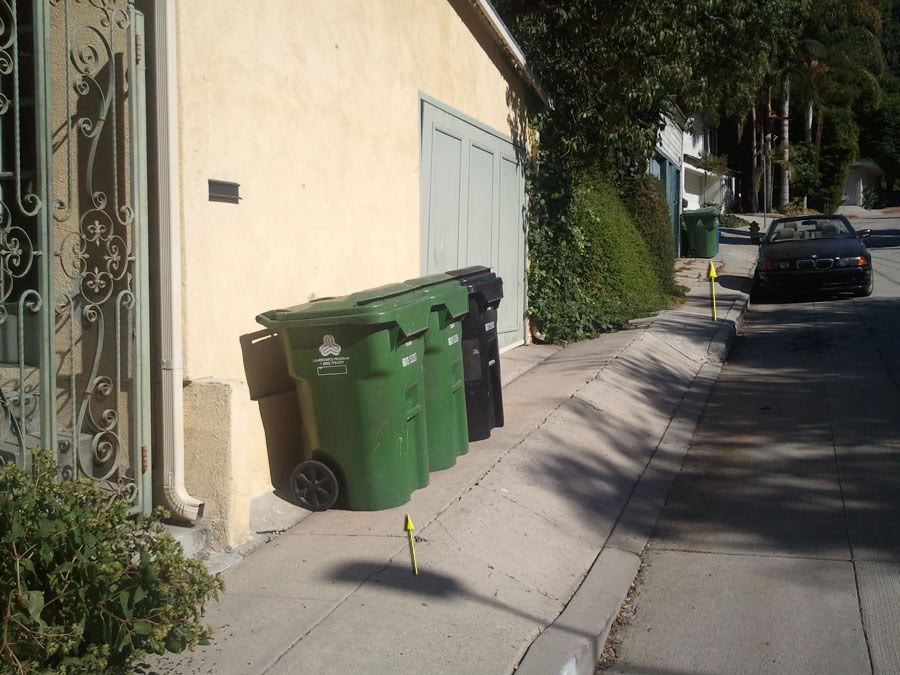 La city trash cans on sidewalk (Santa Clarita, Pasadena HOA, house